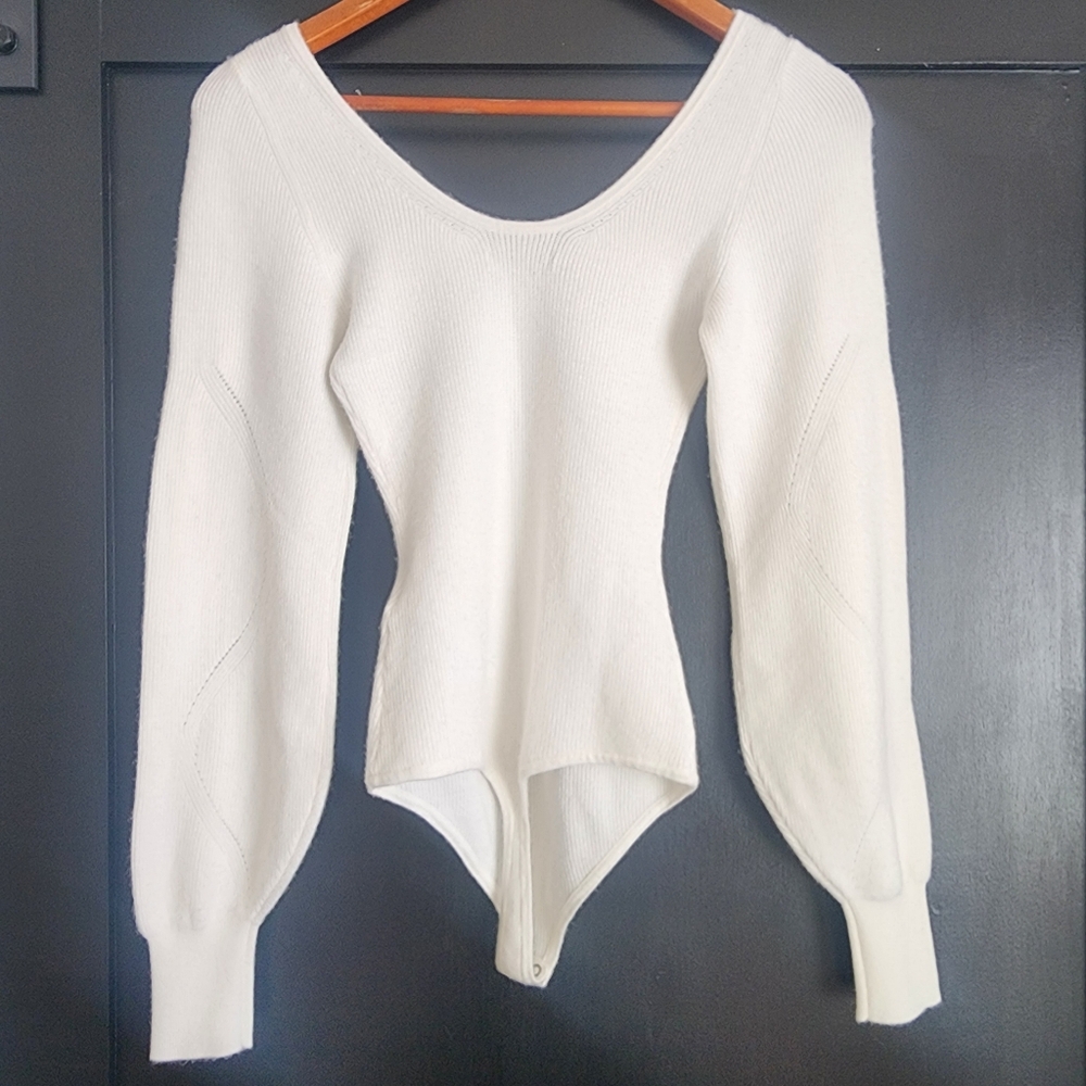 Abercrombie & Fitch Ribbed V-Neck Sweater Balloon Sleeve Bodysuit Small White - Picture 5 of 12
